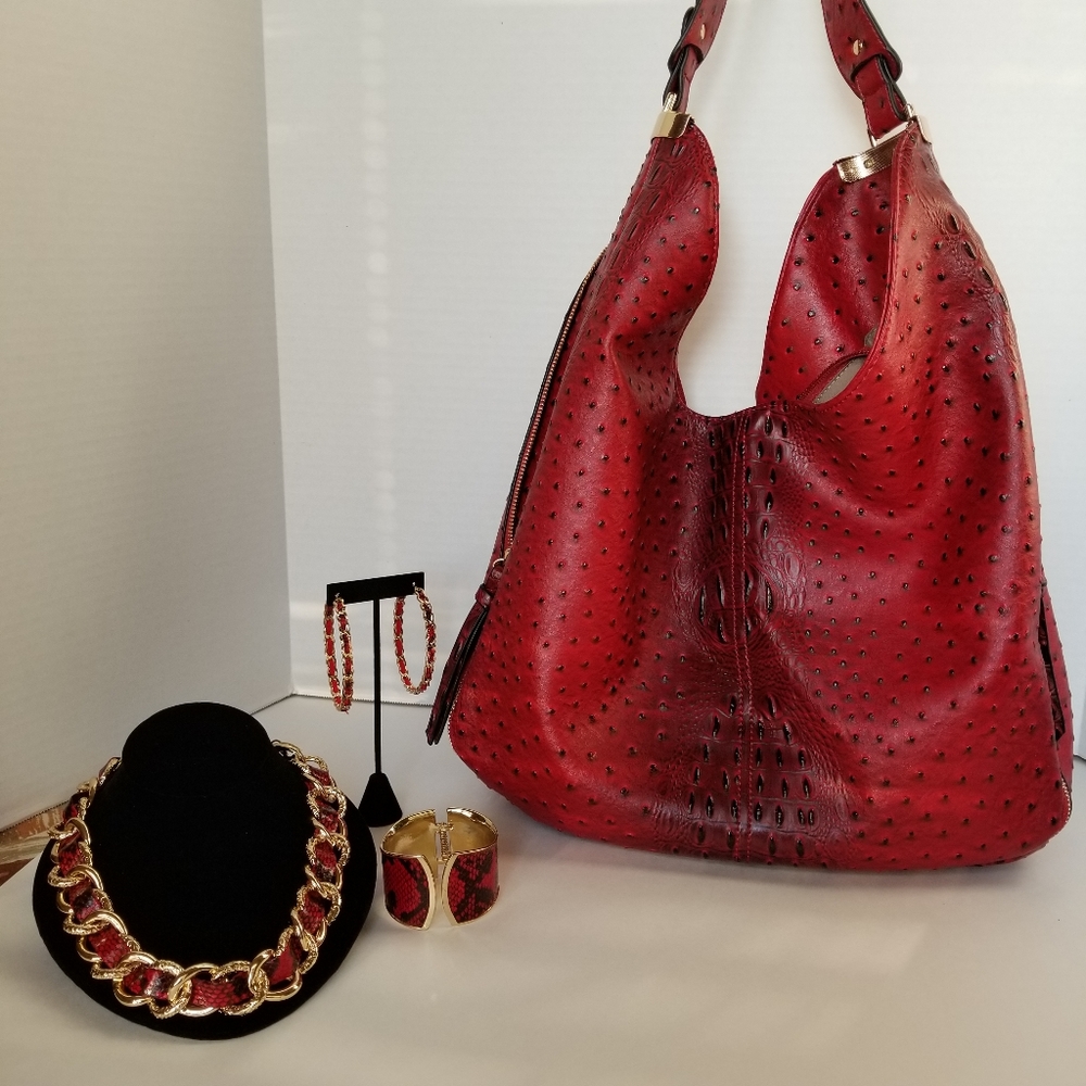 Lot of Matching red vegan purse, necklace, bracelet, earrings.